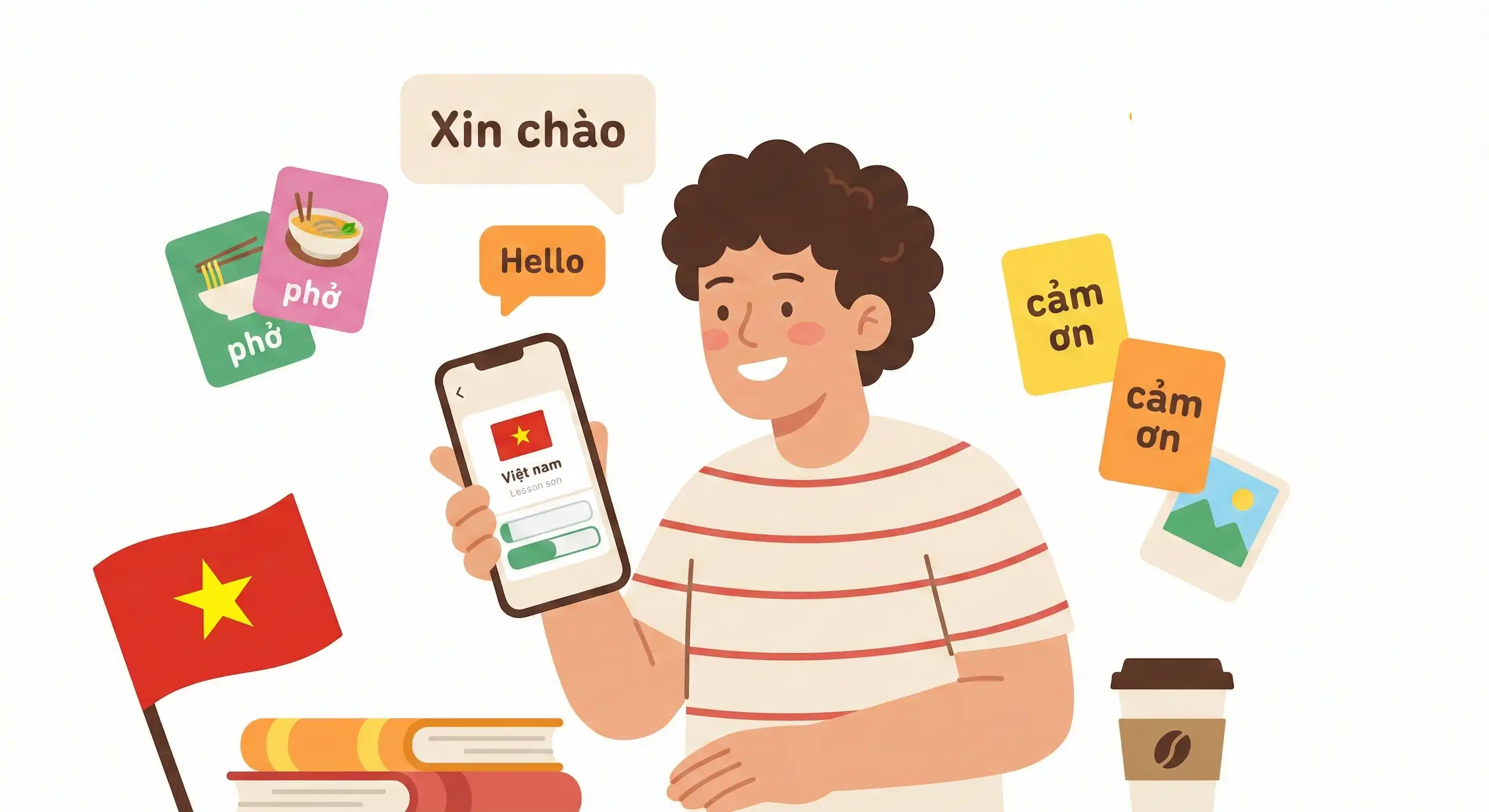 Person learning Vietnamese with flags